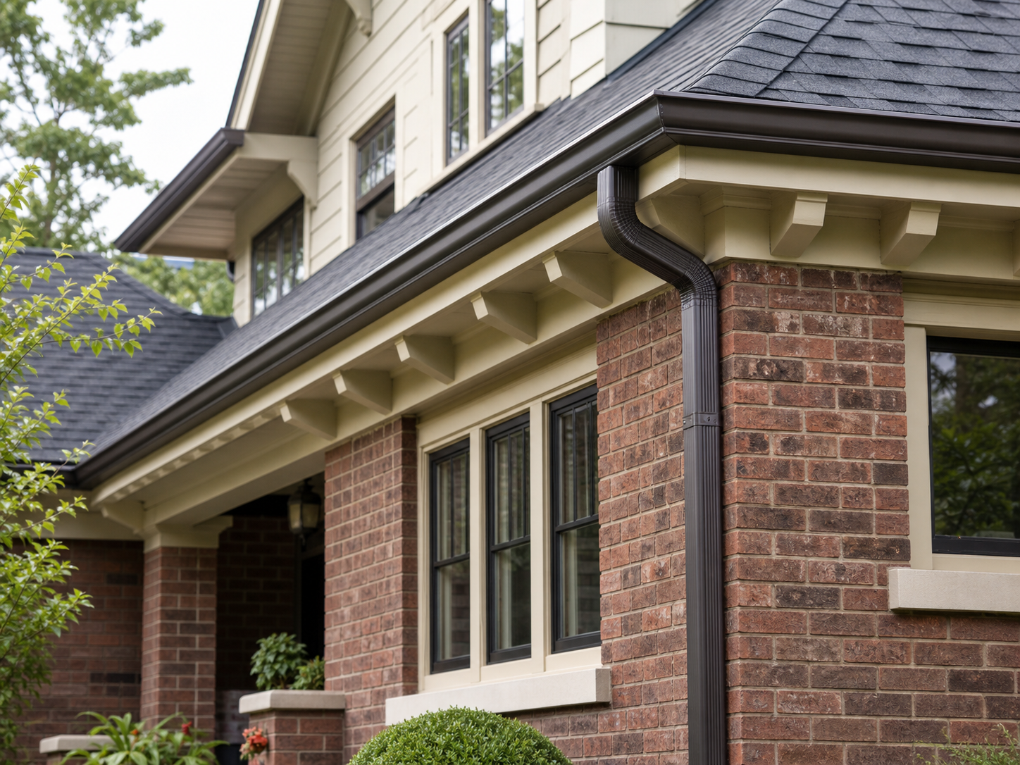 Dark bronze gutters and matching downspout installed on a brick Craftsman-style home