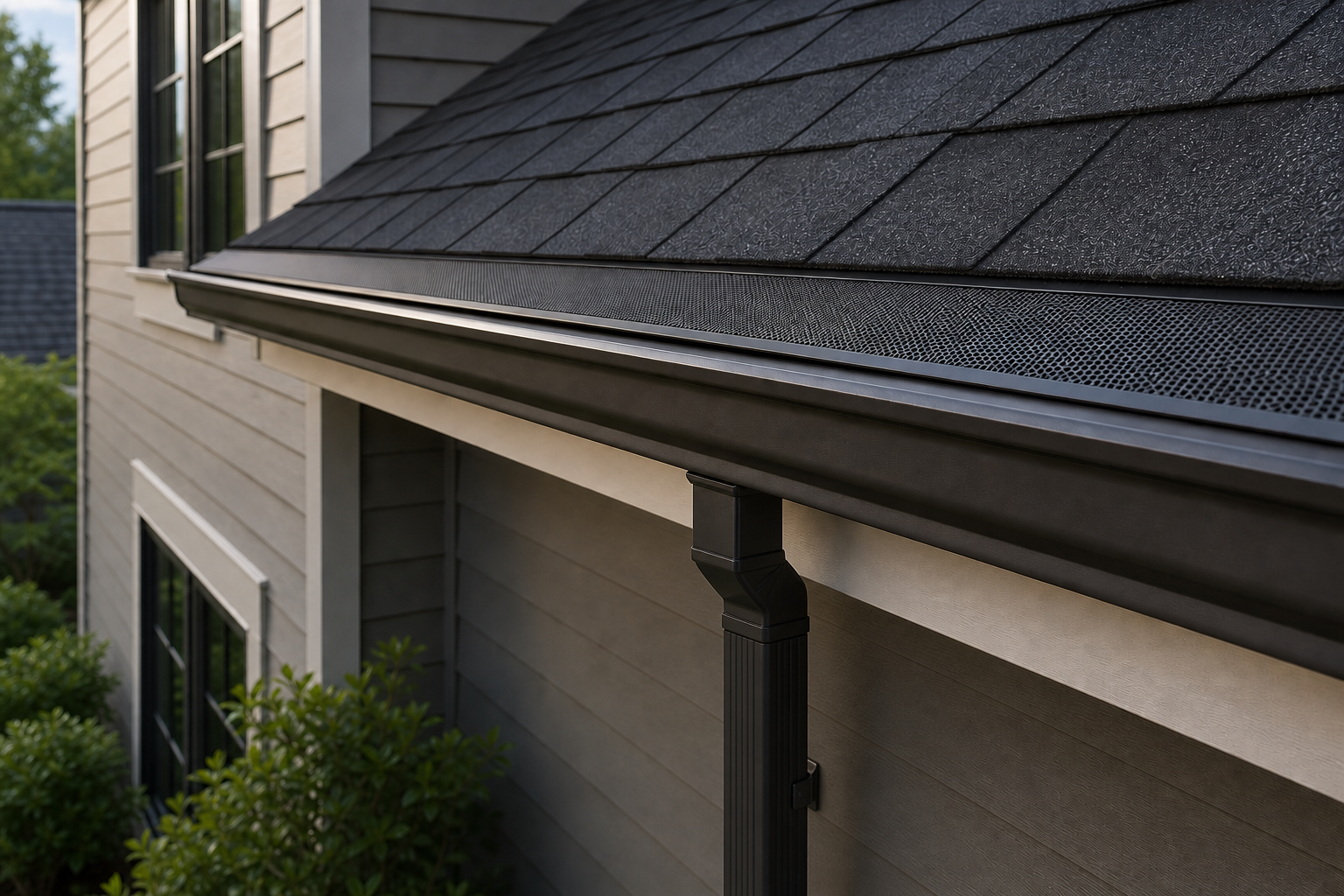 Seamless residential gutter and subtle micro-mesh guard professionally installed along a clean roofline