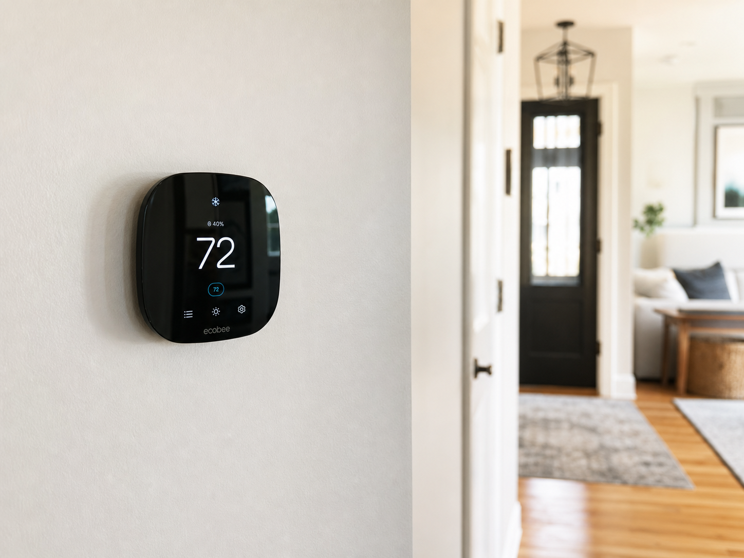 Ecobee smart thermostat displaying 72 degrees on the wall of a clean residential interior