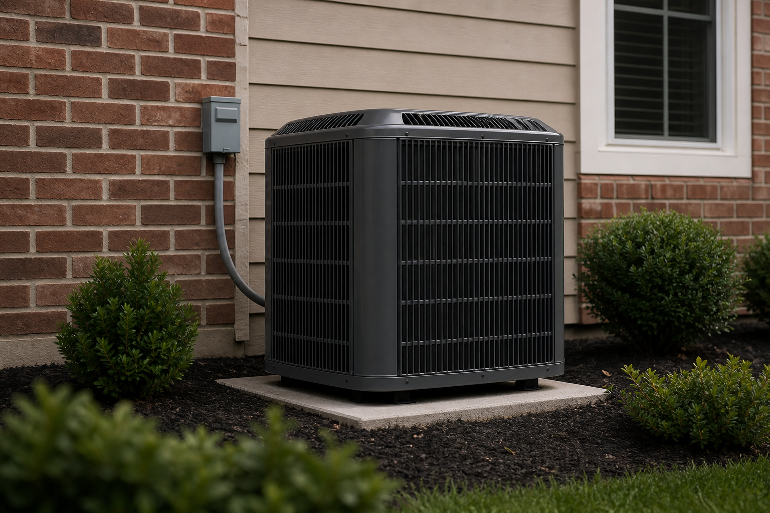 Modern residential HVAC condenser professionally installed beside a well-maintained home