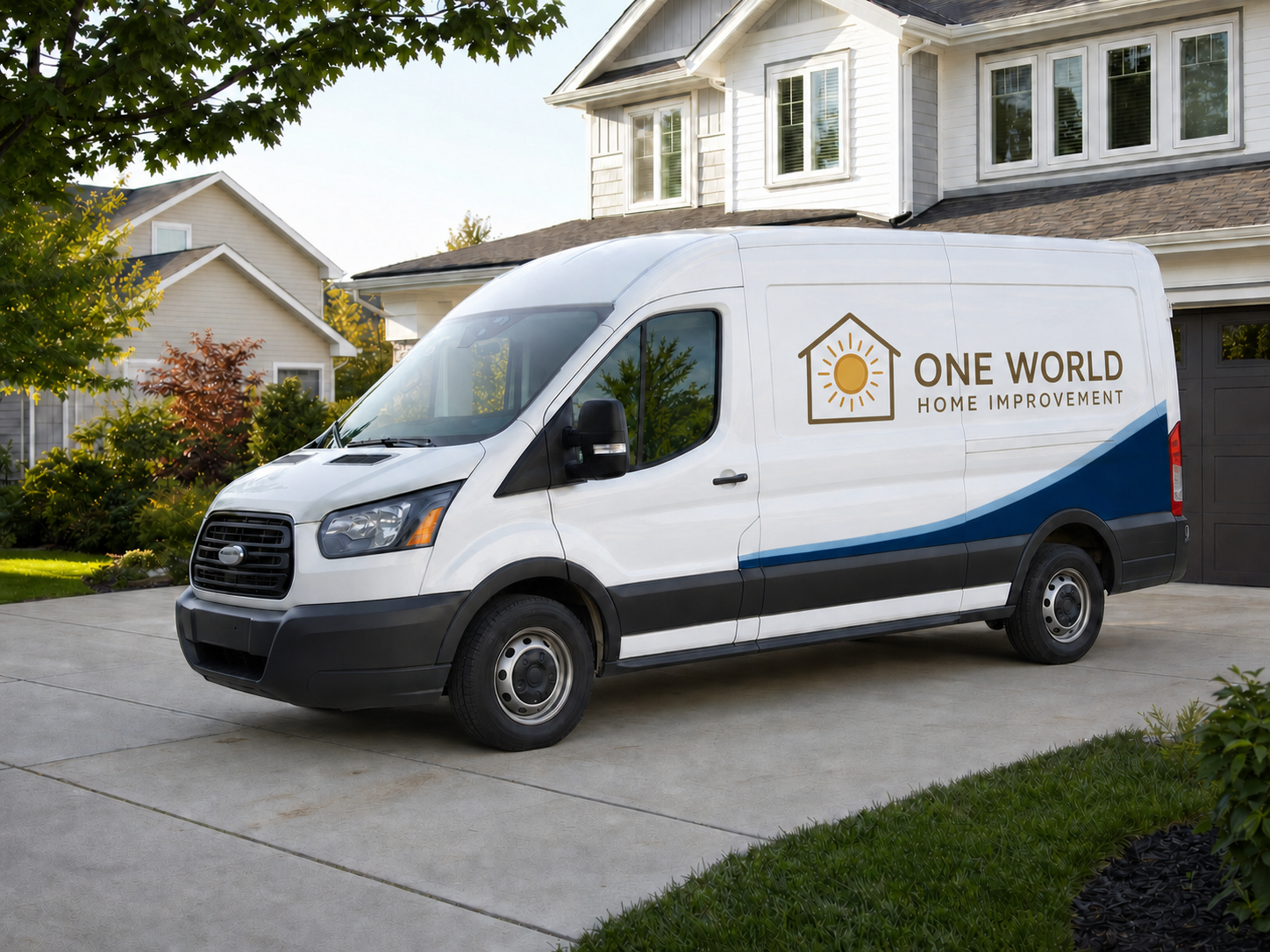 Clean One World Home Improvement service van parked in a residential driveway