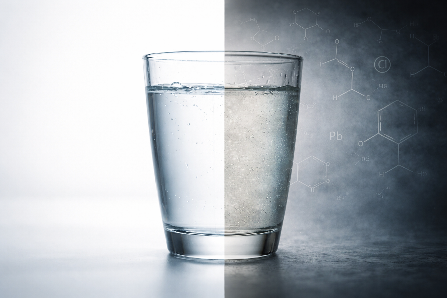 Before and after comparison showing untreated and filtered water