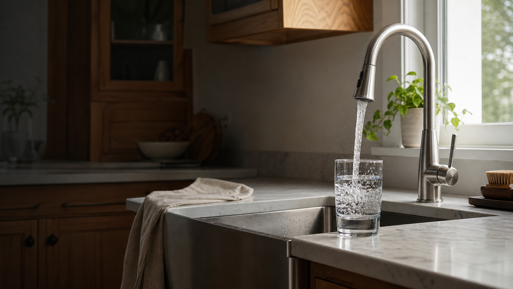 Fresh water filling a drinking glass at the sink of a warm, naturally lit residential kitchen